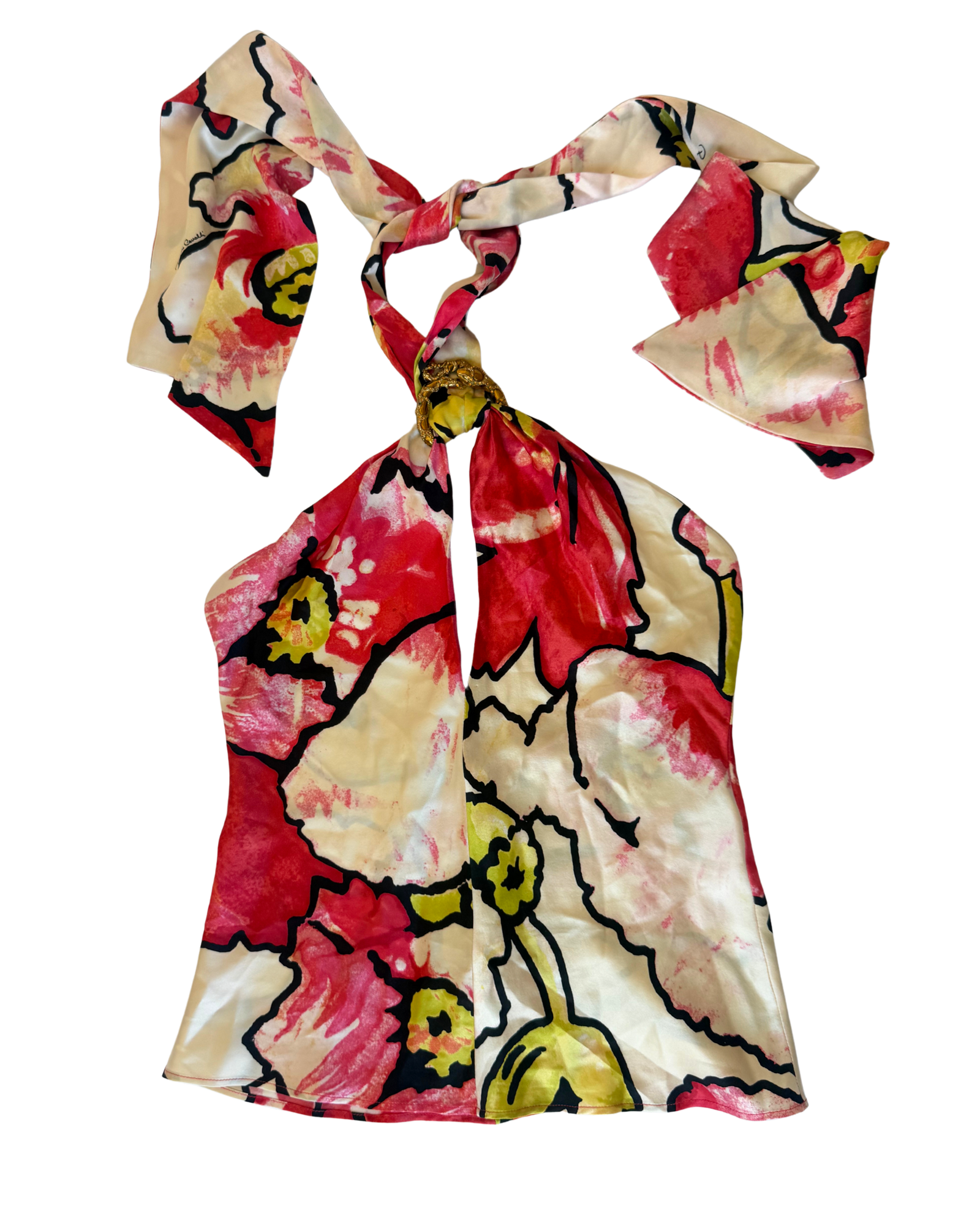 Roberto Cavalli Silk Halter Top With Gold Ring