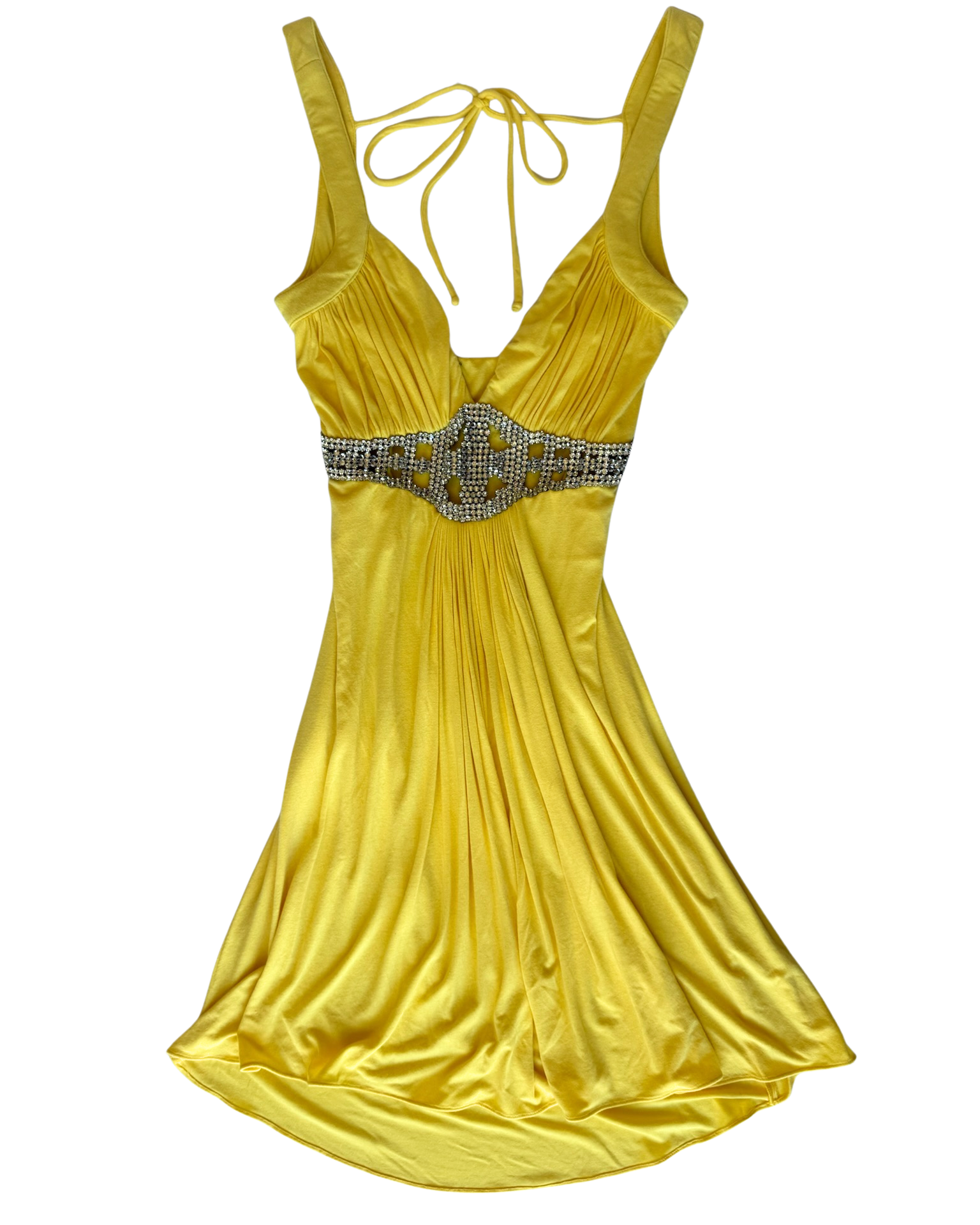 Yellow Jersey Mini Dress with Rhinestone Waist